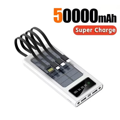 200,000mAh Solar Power Bank - High Capacity Fast Charging Mobile Battery with Dual USB and 4 Cables for iPhone, Xiaomi, and Samsung