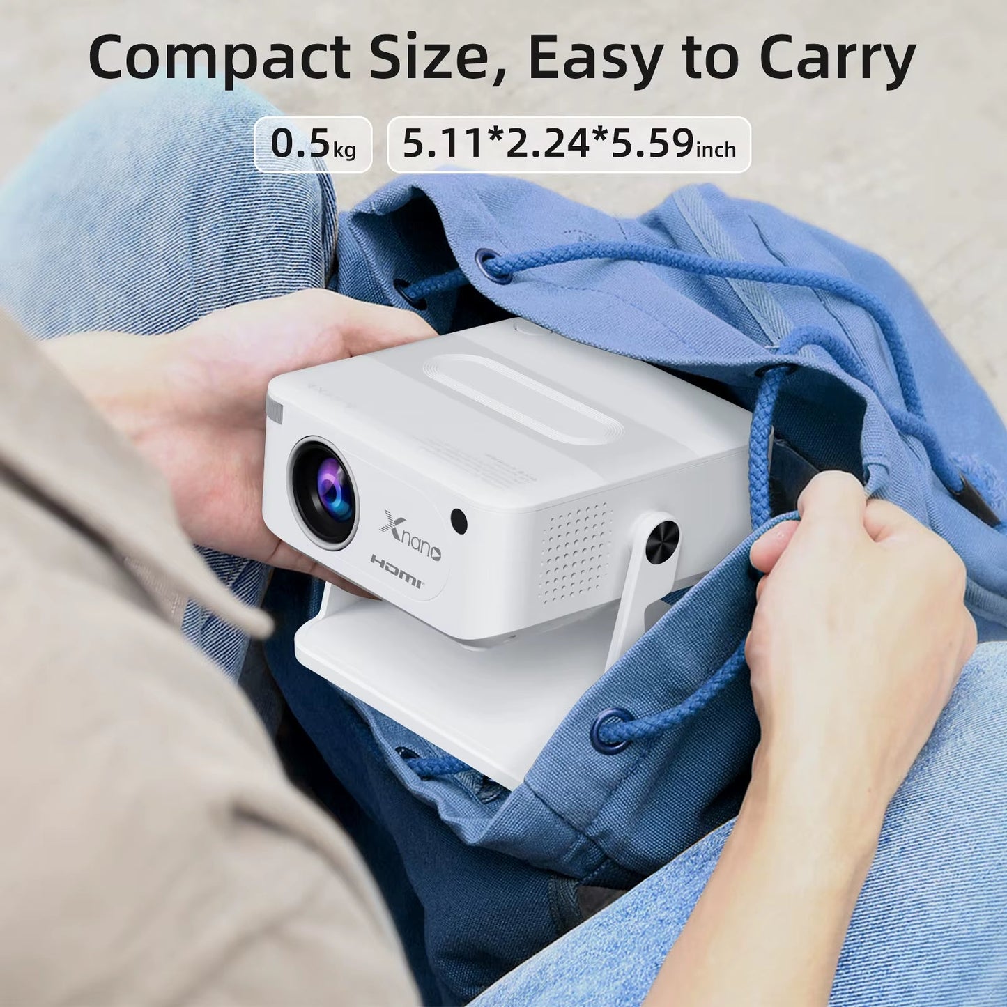 HA109 Smart Portable Projector - 720P Resolution, Android OS, WiFi 5, Bluetooth 5.4, Ideal for Meetings, Parties, and Outdoor Use