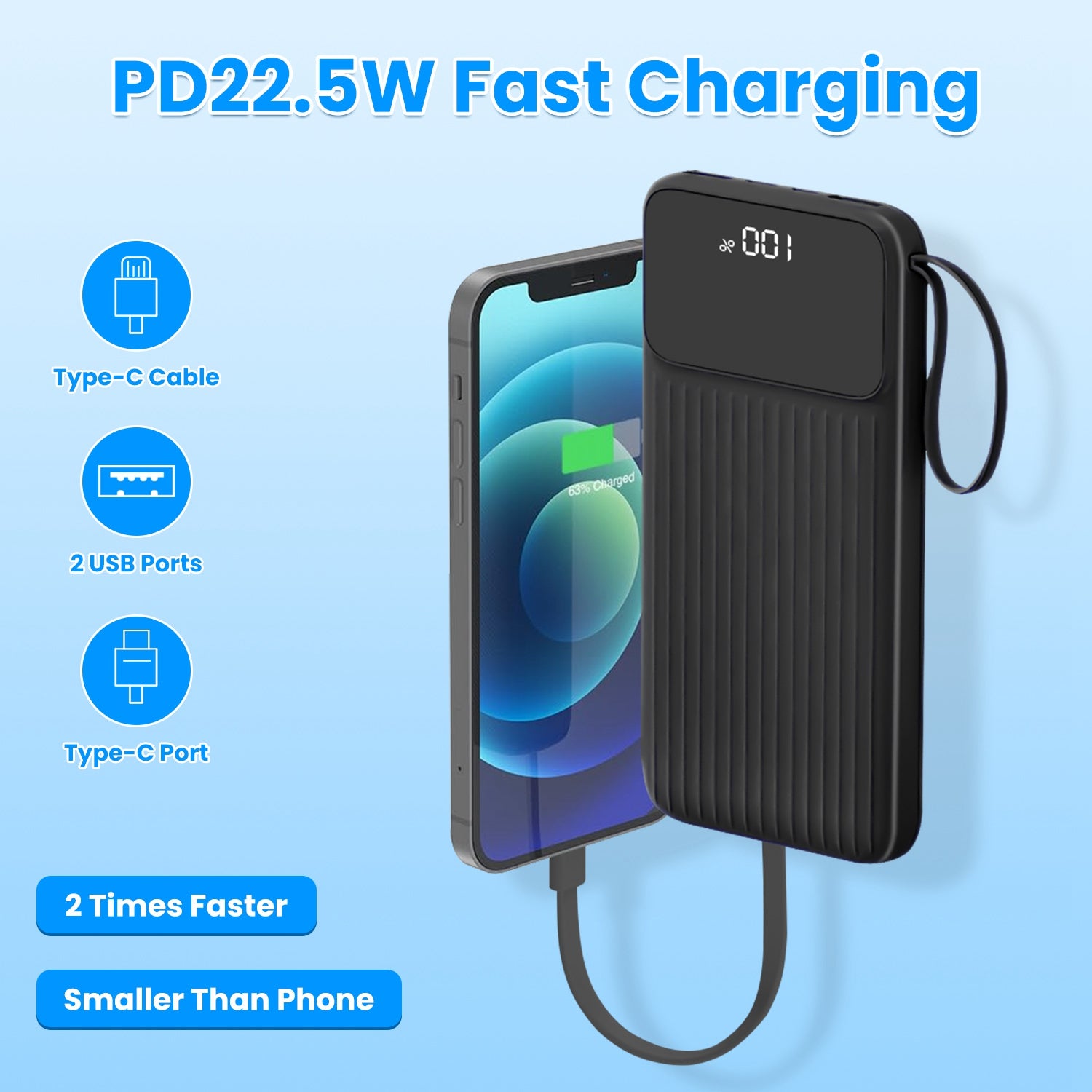 1Pc PD22W Fast Charger 20000Mah Fast Charging Power Bank Portable Charger with 4 Inbuilt Cables Digital Display Handle Fit for Iosphone 15 14 Android and More