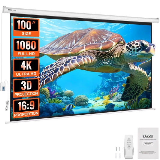 Succebuy 100-Inch Electric Motorized Projector Screen 16:9 - 4K and 1080p HD Wall-Mountable Movie Screen for Home and Office Theater Use