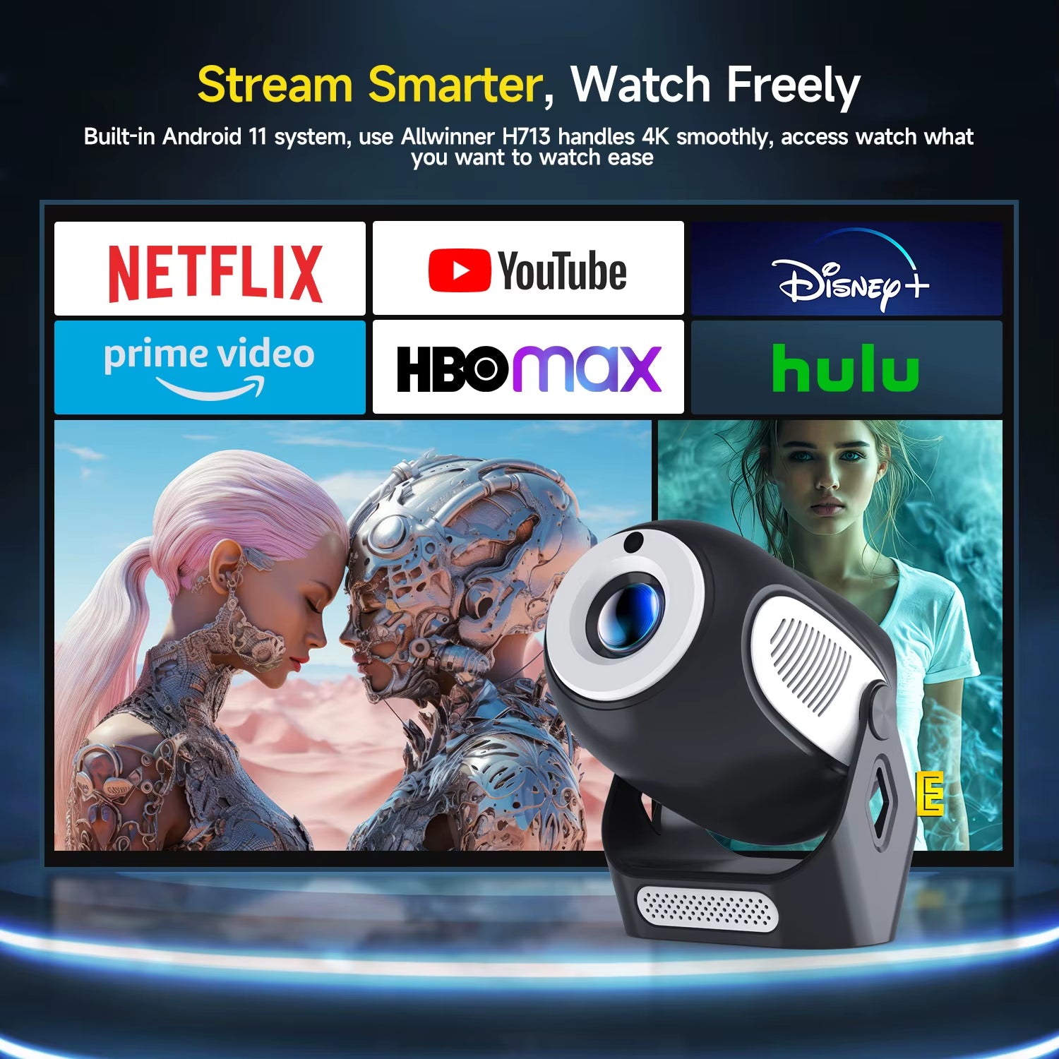 Magcubic HY300X 4K HD Projector with Electronic Focus, Android 11, Dual Wi-Fi 6, 300 ANSI Lumens, Allwinner H713, Bluetooth 5.0 for Home and Outdoor Cinema