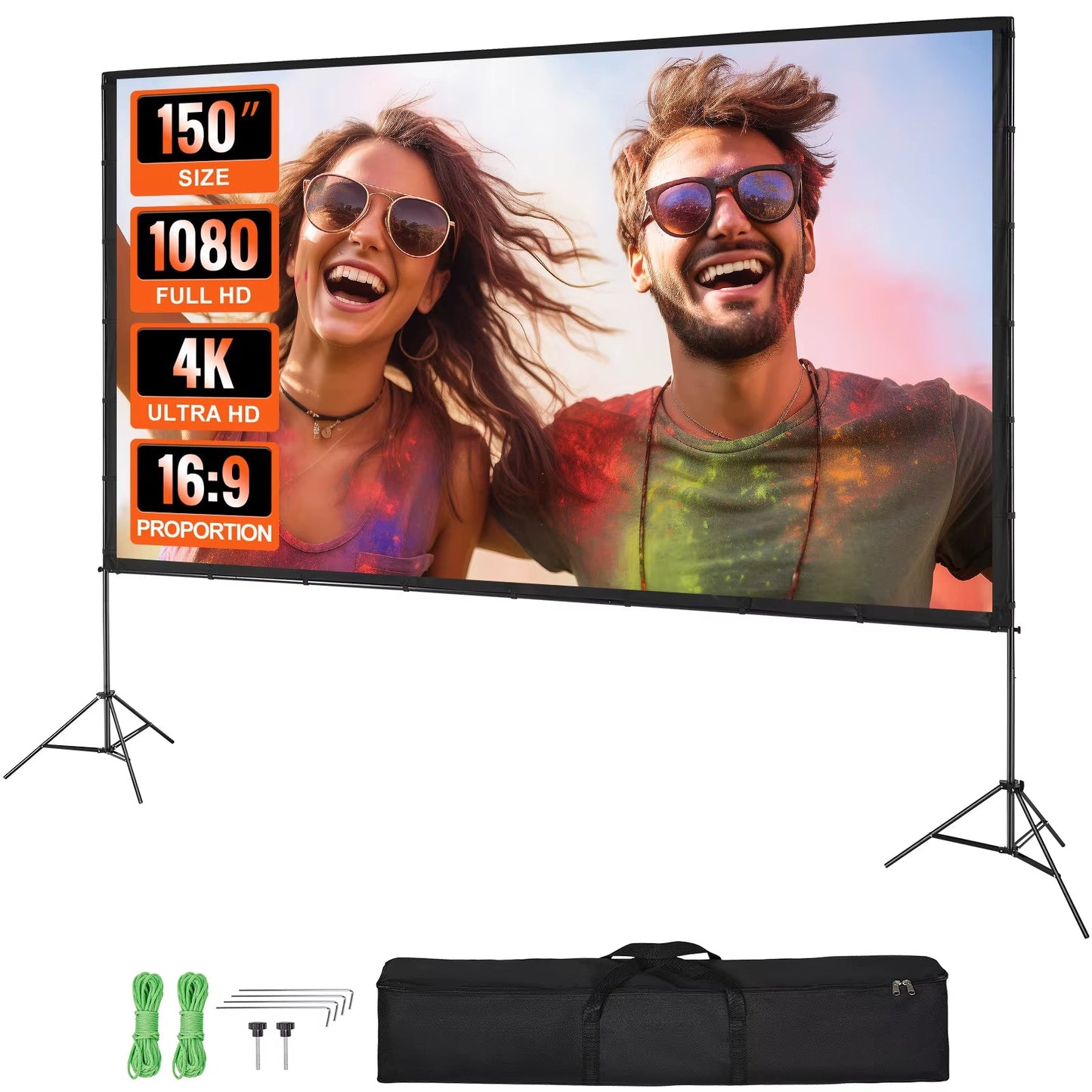 Succebuy 150-Inch Portable Projector Screen with Stand, 16:9 Aspect Ratio, 4K and 1080p HD for Home, Office, Garden, and Movie Theater Use