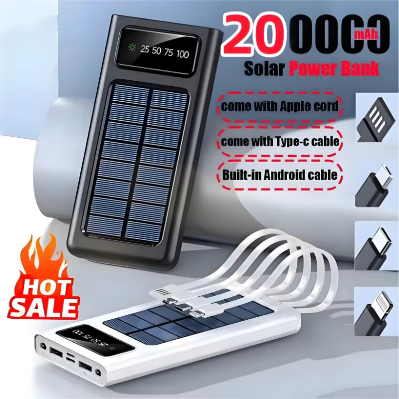 200,000mAh Solar Power Bank - High Capacity Fast Charging Mobile Battery with Dual USB and 4 Cables for iPhone, Xiaomi, and Samsung