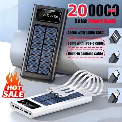 200,000mAh Solar Power Bank - High Capacity Fast Charging Mobile Battery with Dual USB and 4 Cables for iPhone, Xiaomi, and Samsung