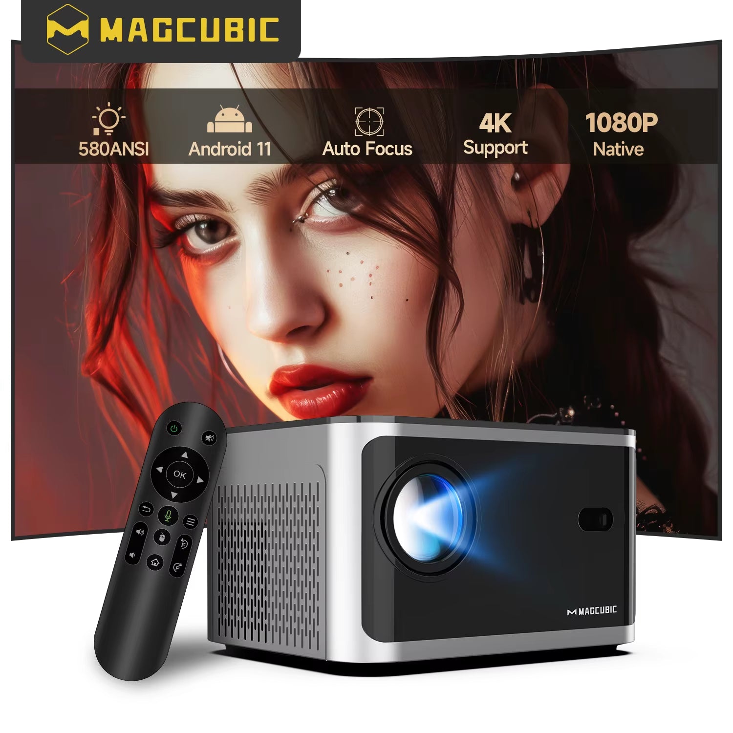 Magcubic 1080P Native HY350 Auto Focus Home Cinema Projector with Android 11, 4K, Wifi 6, 580 ANSI Lumens, 2GB RAM, 32GB Storage, Voice Control, and Bluetooth 5.0