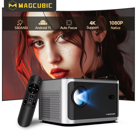 Magcubic 1080P Native HY350 Auto Focus Home Cinema Projector with Android 11, 4K, Wifi 6, 580 ANSI Lumens, 2GB RAM, 32GB Storage, Voice Control, and Bluetooth 5.0