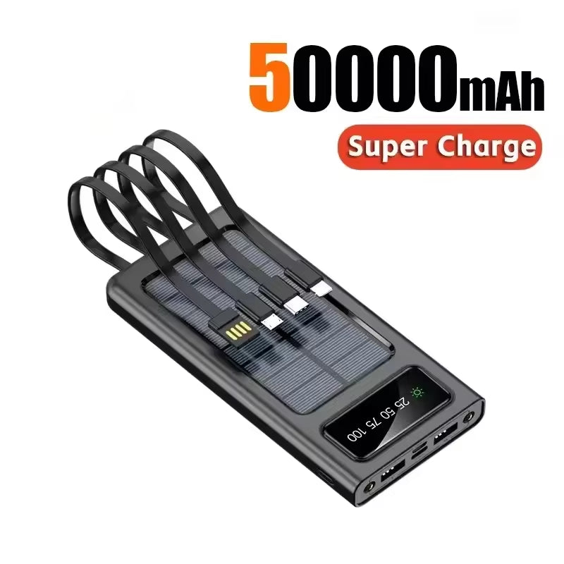 200,000mAh Solar Power Bank - High Capacity Fast Charging Mobile Battery with Dual USB and 4 Cables for iPhone, Xiaomi, and Samsung
