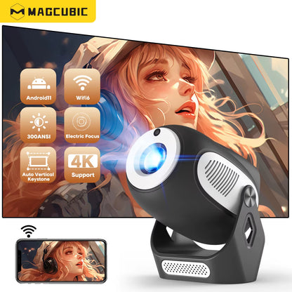 Magcubic HY300X 4K HD Projector with Electronic Focus, Android 11, Dual Wi-Fi 6, 300 ANSI Lumens, Allwinner H713, Bluetooth 5.0 for Home and Outdoor Cinema