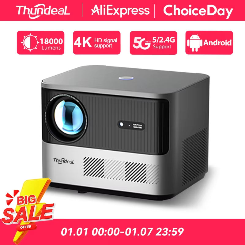 Thundeal TDA6 Full HD 1080P 2K 4K Video Home Theater Projector with Auto Focus, 5G WiFi, Android Compatibility, and 3D Functionality - Portable Design