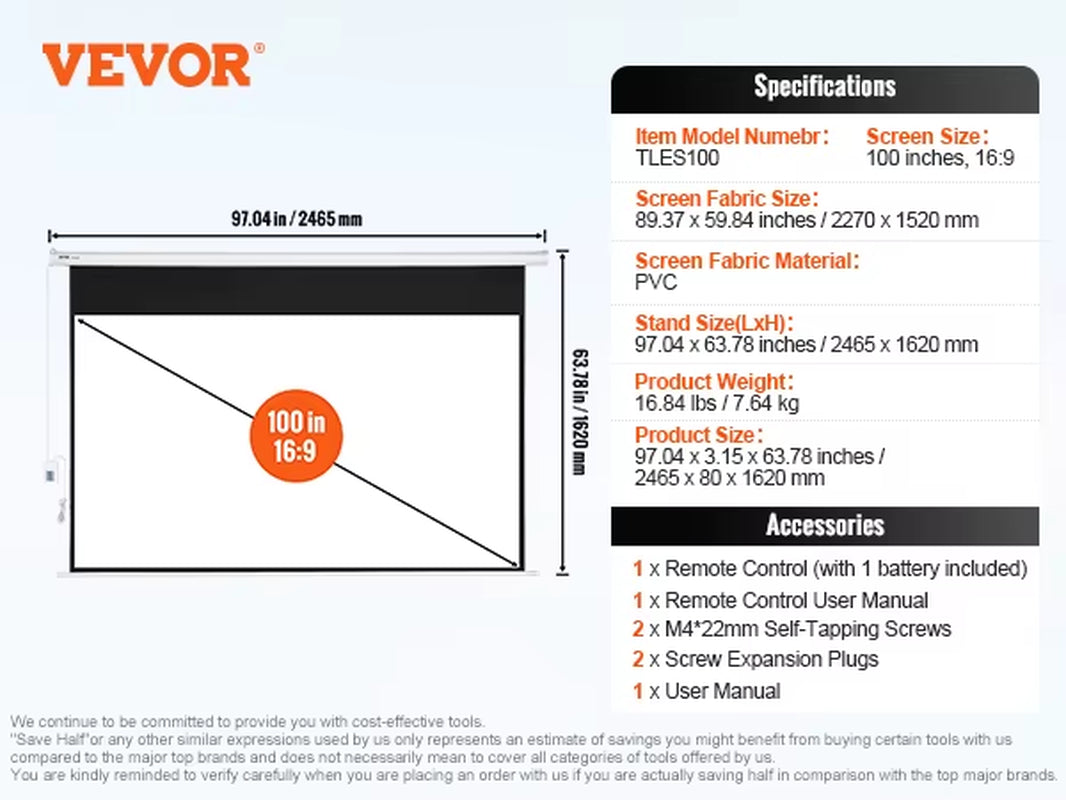 Succebuy 100-Inch Electric Motorized Projector Screen 16:9 - 4K and 1080p HD Wall-Mountable Movie Screen for Home and Office Theater Use