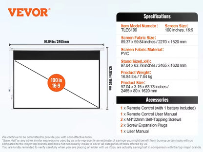 Succebuy 100-Inch Electric Motorized Projector Screen 16:9 - 4K and 1080p HD Wall-Mountable Movie Screen for Home and Office Theater Use