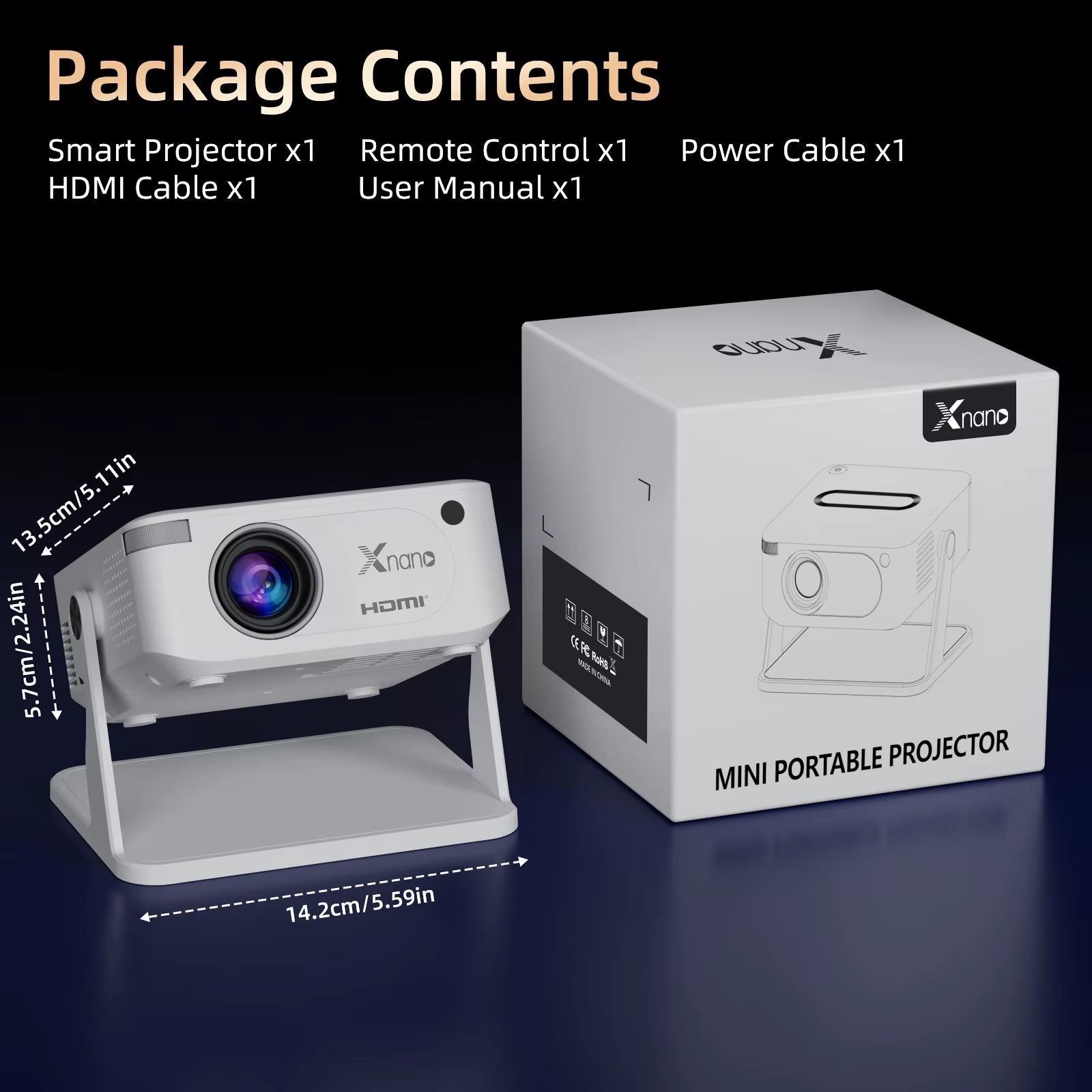 HA109 Smart Portable Projector - 720P Resolution, Android OS, WiFi 5, Bluetooth 5.4, Ideal for Meetings, Parties, and Outdoor Use