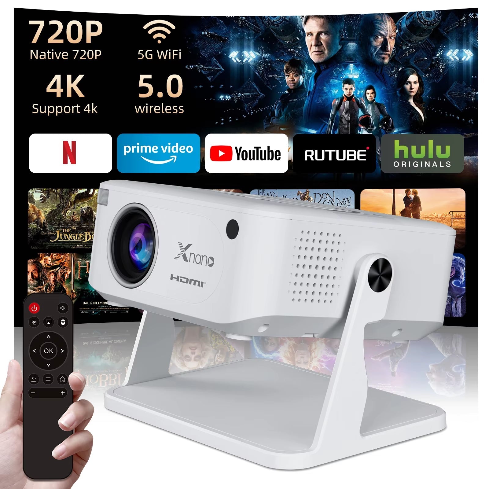 HA109 Smart Portable Projector - 720P Resolution, Android OS, WiFi 5, Bluetooth 5.4, Ideal for Meetings, Parties, and Outdoor Use