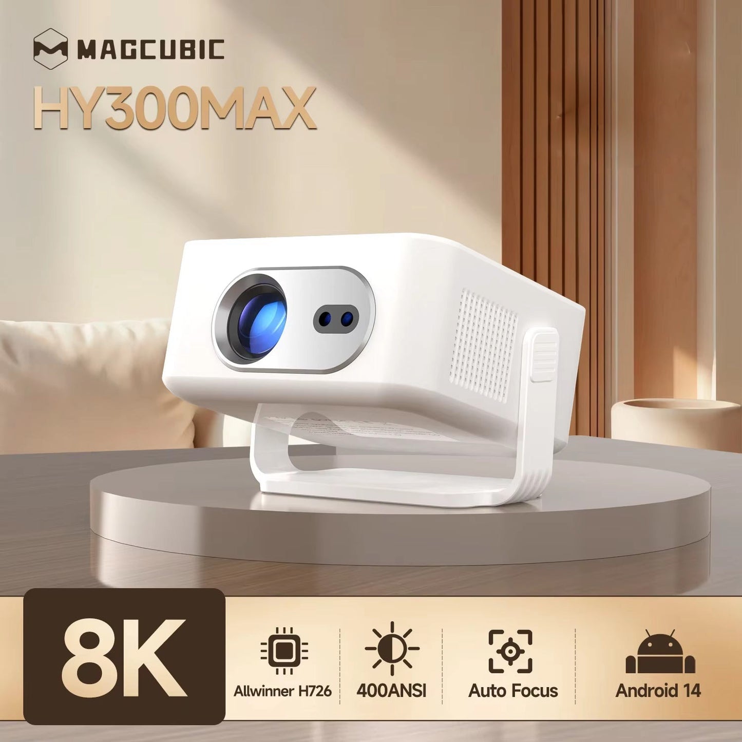 Magcubic HY300Max Portable Projector with Android 14, Auto Focus, 400 ANSI Lumens, WiFi 6, and 8K Full HD Support for Home and Outdoor Cinema