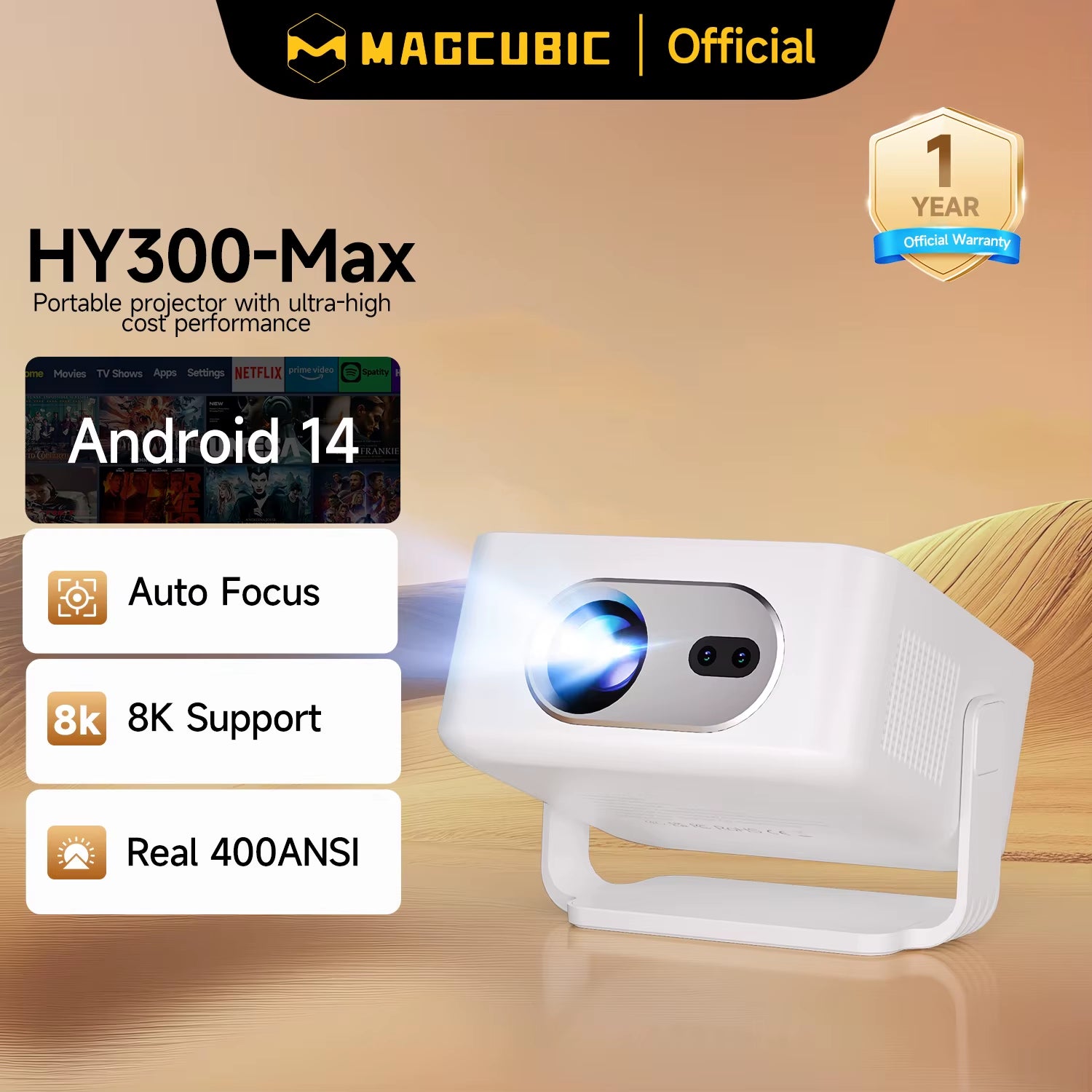 Magcubic HY300Max Portable Projector with Android 14, Auto Focus, 400 ANSI Lumens, WiFi 6, and 8K Full HD Support for Home and Outdoor Cinema
