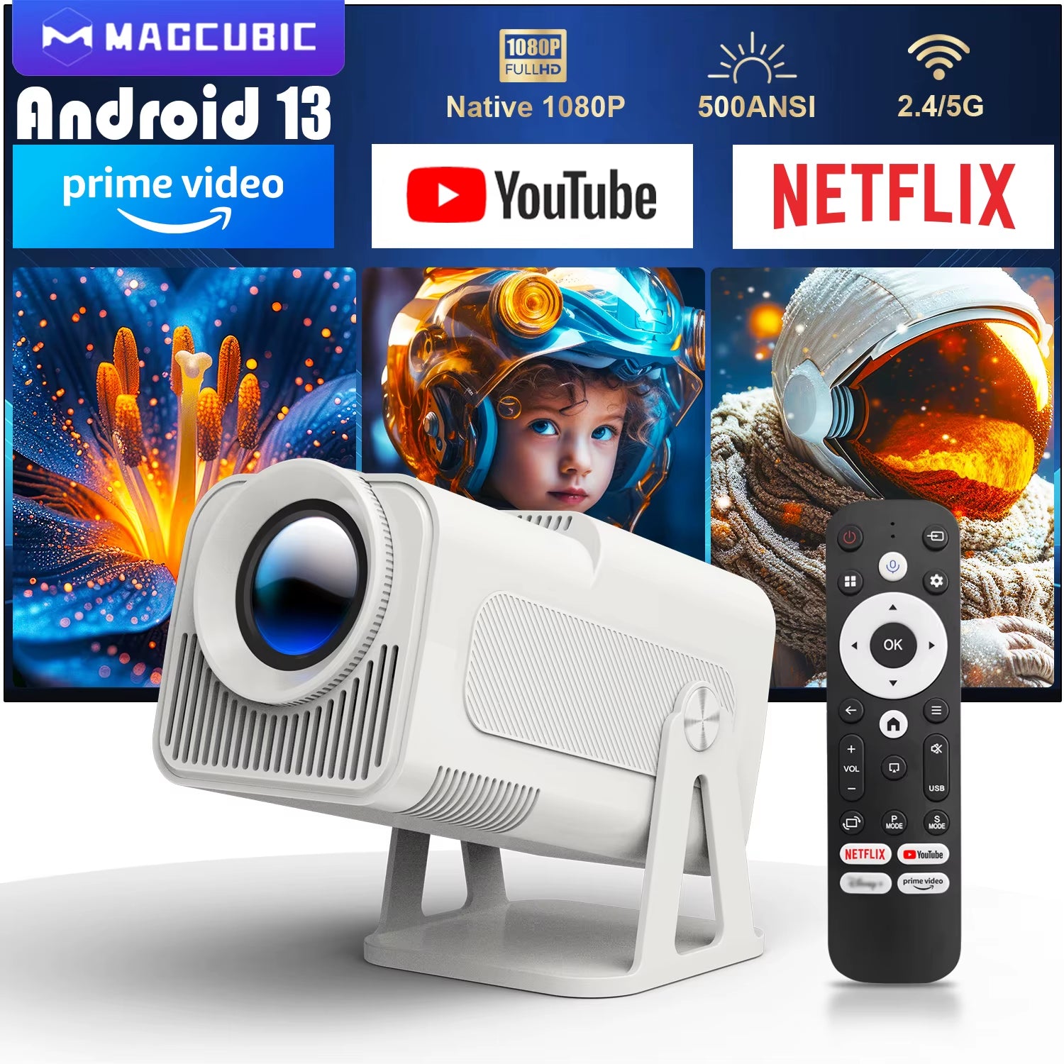 Magcubic Officially Licensed Netflix Android 13 Mini Projector HY320 NTV with Amlogic S950D4, 1080P Resolution, 500 ANSI Lumens, Dual Wi-Fi, Bluetooth 5.2, and Voice Control