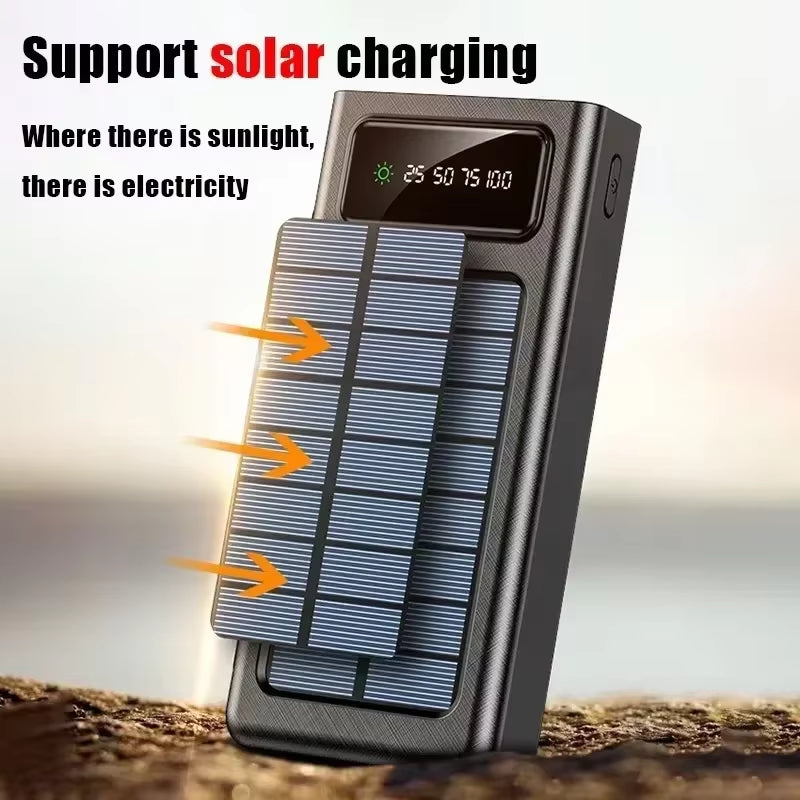 200,000mAh Solar Power Bank - High Capacity Fast Charging Mobile Battery with Dual USB and 4 Cables for iPhone, Xiaomi, and Samsung