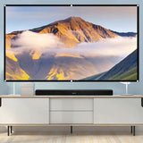 Portable 169 Metal Projector Screen with anti-light gray coating displaying mountain landscape in home cinema setup
