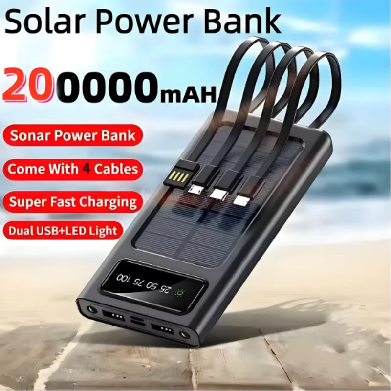 200,000mAh Solar Power Bank - High Capacity Fast Charging Mobile Battery with Dual USB and 4 Cables for iPhone, Xiaomi, and Samsung