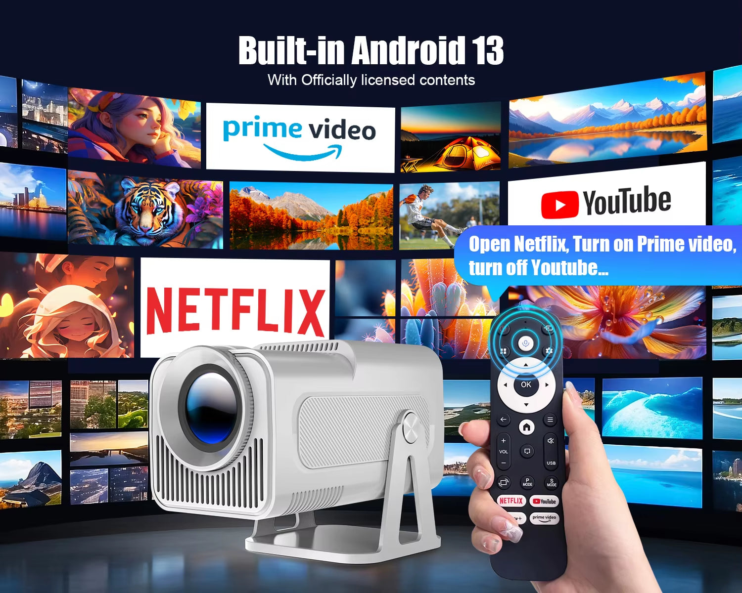 Magcubic Officially Licensed Netflix Android 13 Mini Projector HY320 NTV with Amlogic S950D4, 1080P Resolution, 500 ANSI Lumens, Dual Wi-Fi, Bluetooth 5.2, and Voice Control