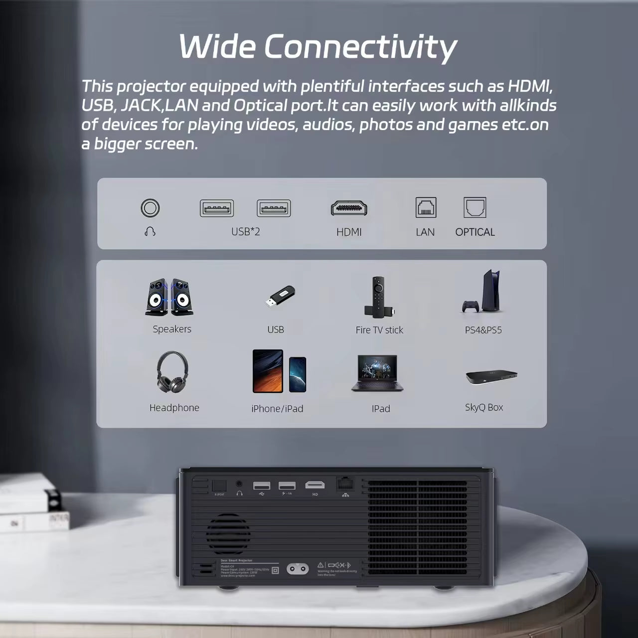 C4 PRO 1080P Full HD 4K Projector with 1200 ANSI Lumens - Smart TV Functionality and 32GB Storage for Home Theater Experience