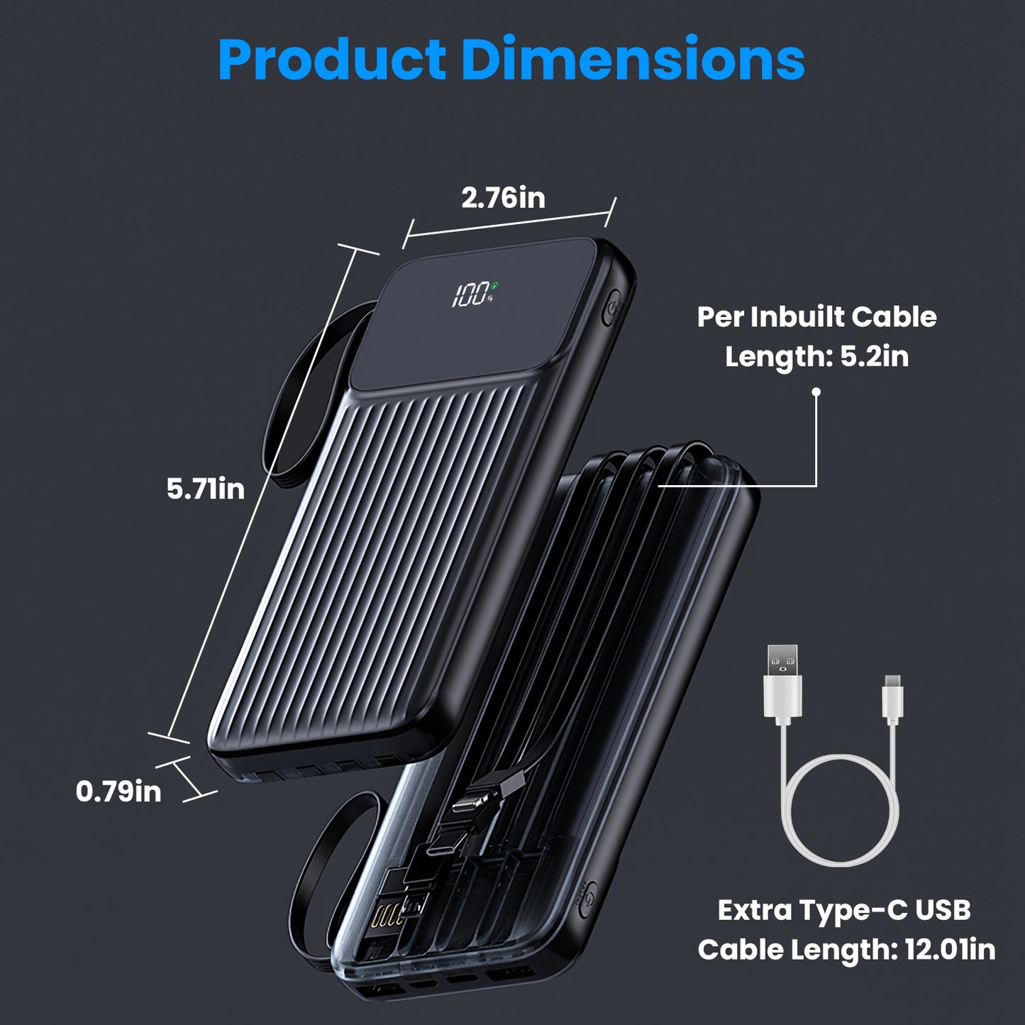 1Pc PD22W Fast Charger 20000Mah Fast Charging Power Bank Portable Charger with 4 Inbuilt Cables Digital Display Handle Fit for Iosphone 15 14 Android and More